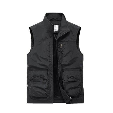 YLSDY Men s Summer Sleeveless Stand Collar Multi-Pocket Zip-Up Quick-Drying Vest Lightweight Breathable Travel Waistcoat Fishing Photography Vest Black L