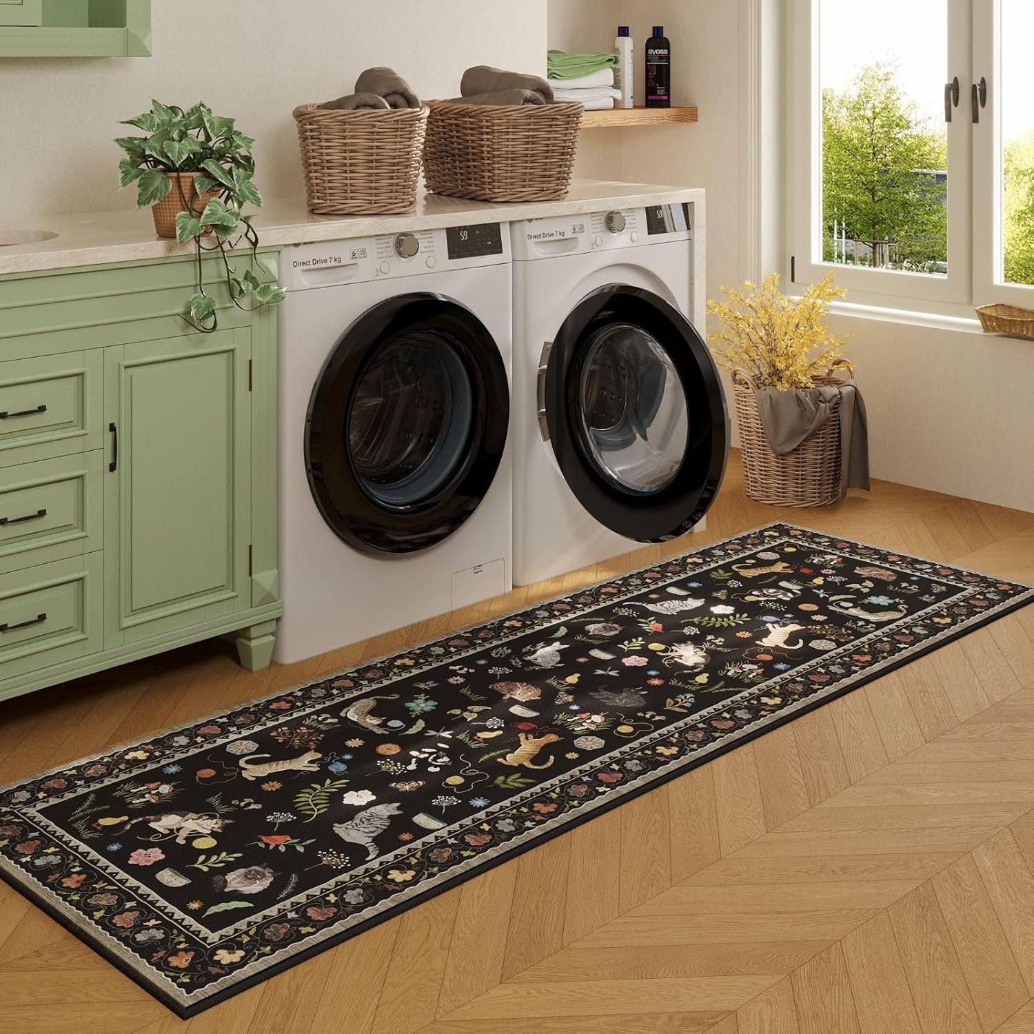 Runner Rug for Kitchen Non Slip 2'x6' Washable Rugs with Rubber Backing Soft Floral Animal Cat Carpet Runner for Kitchen Laundry Bedroom Bathroom, Black image 4
