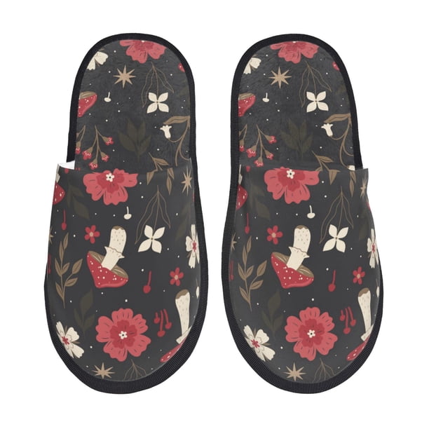 Fotbe Fly Agaric and Flowers Pantuflas Peludas para Mujer con Estampado, Zapatillas de Peluche, Zapatos de Invierno para Casa, Uso Interior y Exterior-Medium