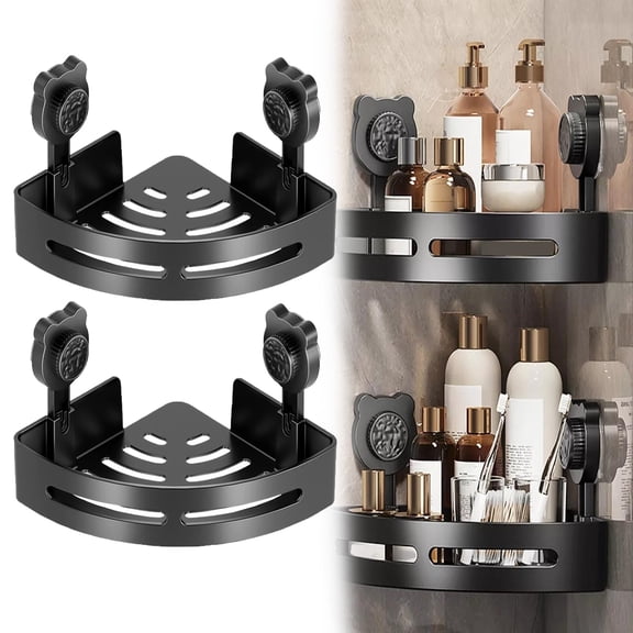 2 Pack Triangle Suction Cup Corner Shelves No Drilling Bathroom Storage Rack, 2026 New Corner Shower Shelf Suction Cup Shower Caddy Corners Organizer Storage Rack Adhesive with Towel Bar (Black)