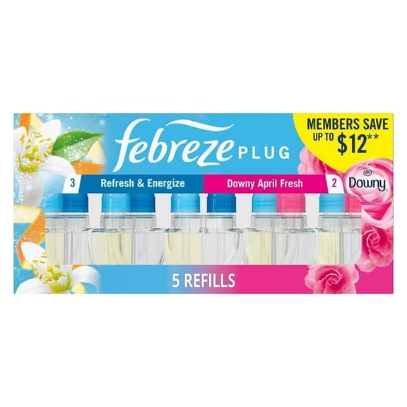 Febreze Plug Air Freshener, Refresh & Energize   Downy April Fresh, 5 refills, 4.35 fl. oz. value pack