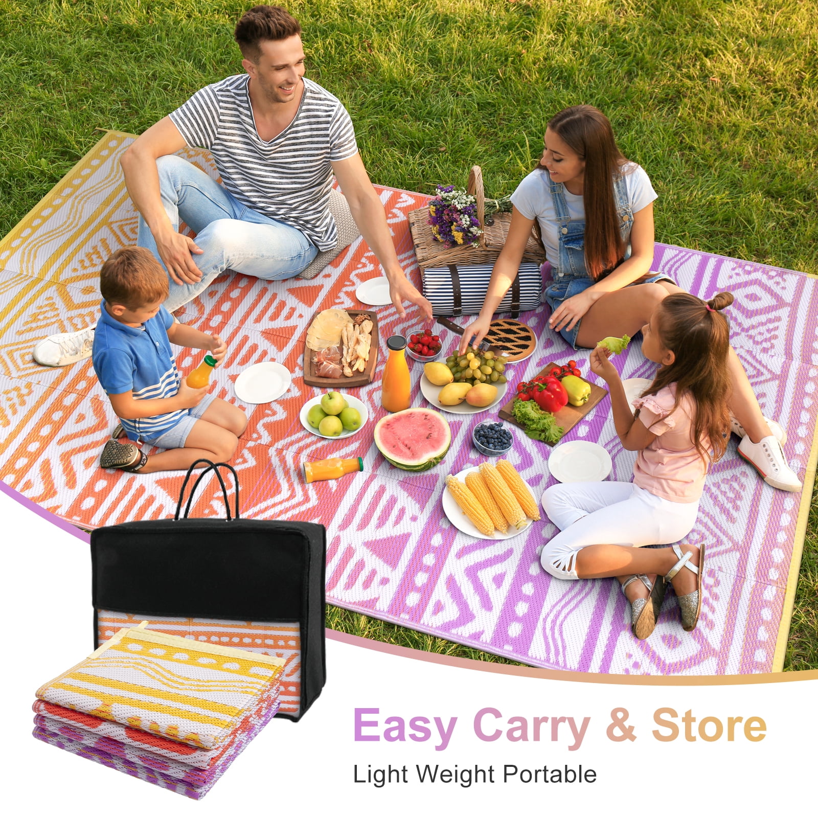 Wonnitar 8x10 Waterproof Outdoor Rugs, Plastic Straw Portable Rug for Outside, Reversible RV Outdoor Rugs for Camping, Boho Orange Purple Carpet for Patio Garden