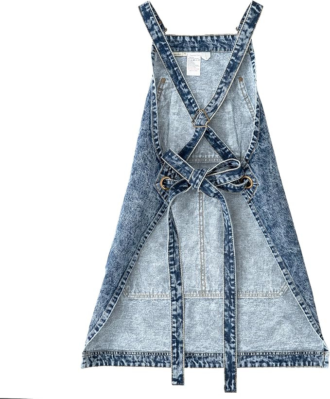 Washed denim canvas apron, shoulder strap skirt, work clothes, workwear, waist circumference, milk tea shop-Denim Blue