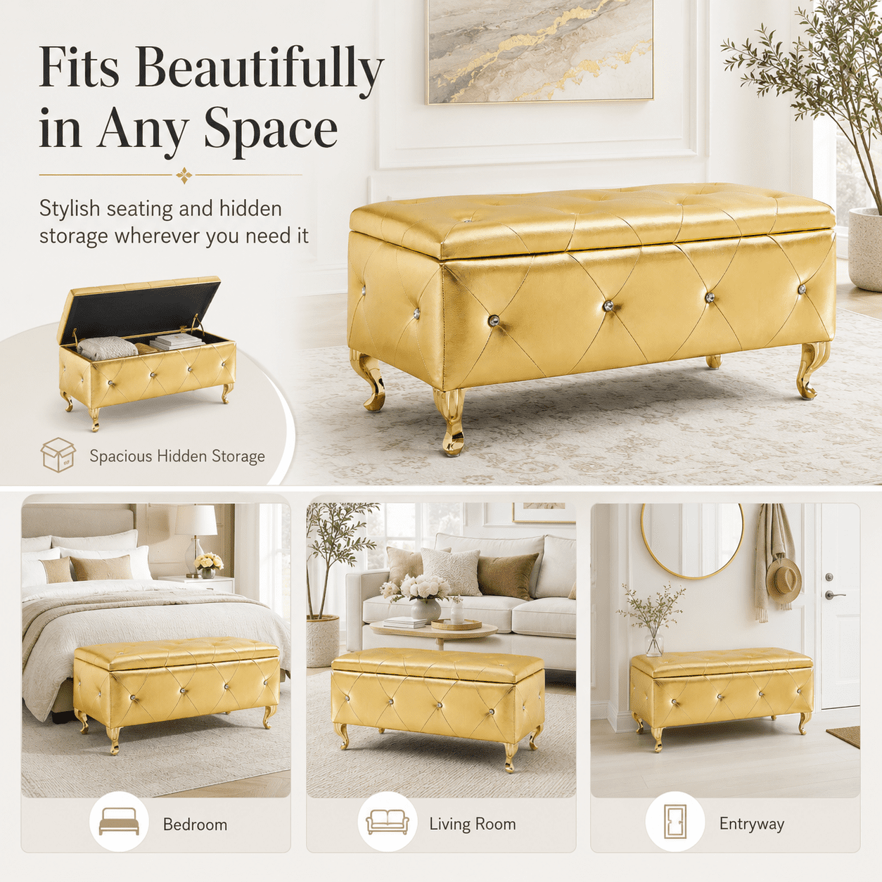 Aukfa 38" Upholstered Storage Ottoman Bench with Hidden Storage, Crystal Tufted Faux Leather Bed Bench, 380 lb, Gold