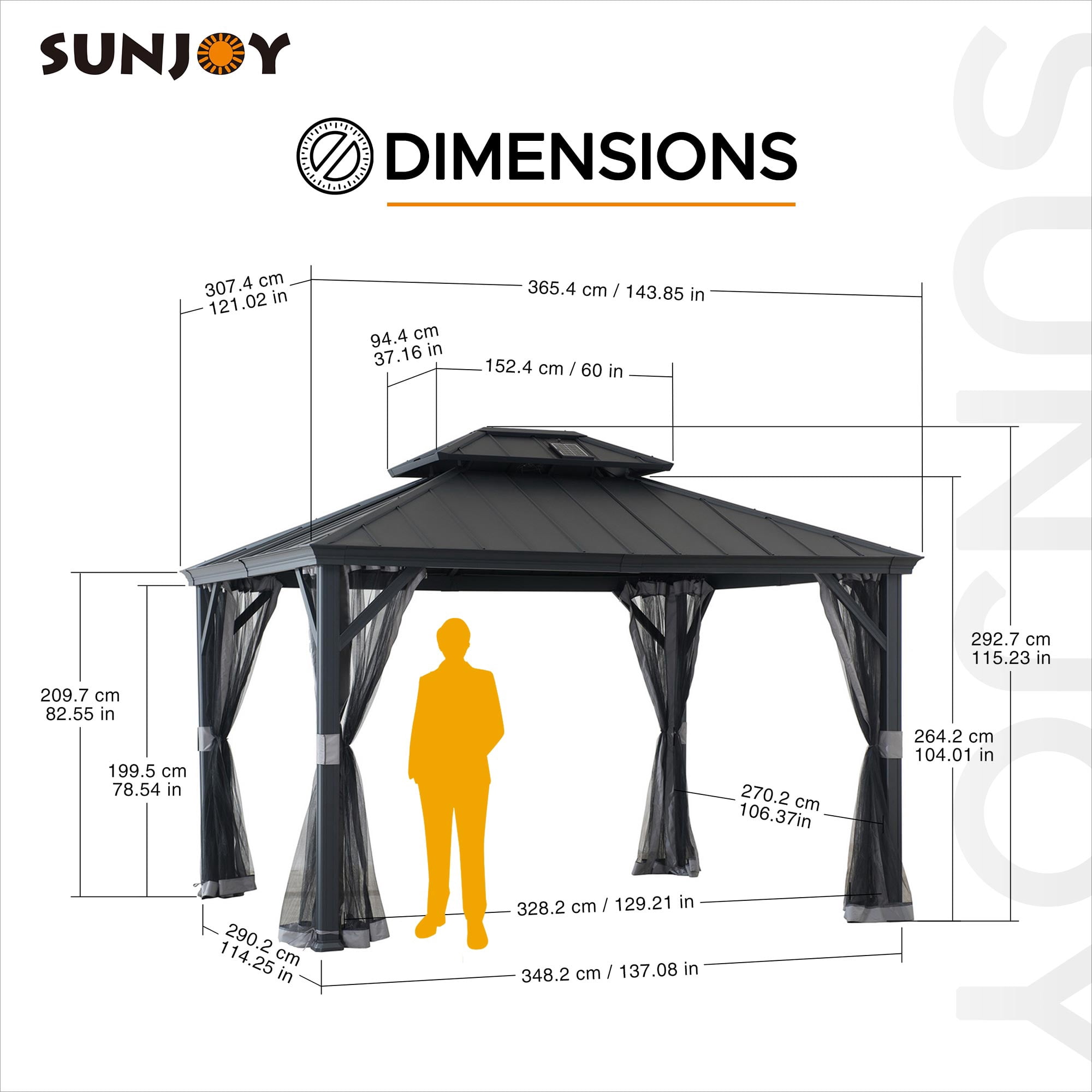 Sunjoy Hardtop Gazebo 10 x 12 ft. with Solar Panel Outdoor Patio Aluminum Frame Gazebo , 2-Tier Steel Hardtop Backyard Gazebo with Netting and Ceiling Hook, Black