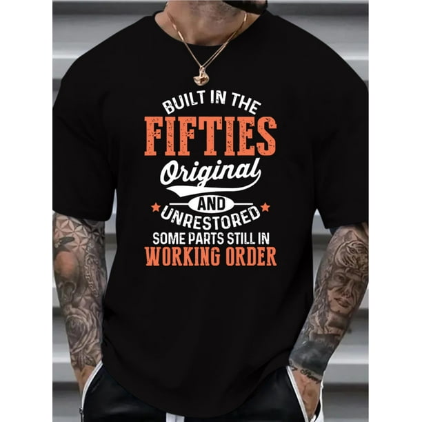 Vintage-Inspired 'Built in the Fifties' Graphic Print Men's T-Shirt - Casual, Breathable Crew Neck, Short Sleeve, Ideal for All Seasons