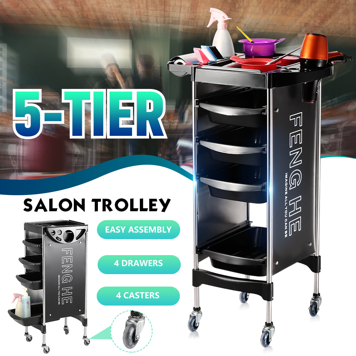 Shelf Color : Oak White Hairdressing Tattoo Utility Vehicle Three Floors with Drawer Beauty Salon Barbershop Trolley Beauty Equipment Cart 