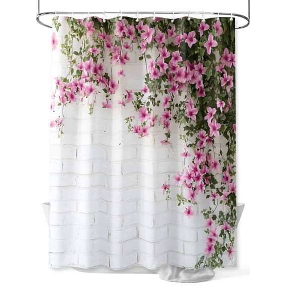 Shower Curtain Pink Flower Shower Curtains for Bathroom, Waterproof Polyester Shower Curtain Set with Hooks, Small Stall Size 36" x 72" Brick Wall Grain