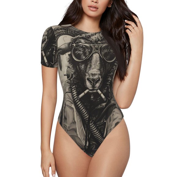Bingfone Vintage Ram Pilot Pattern Women's Round Neck Bodysuit, Tight Snap Button Short Sleeve Bodysuit, Suitable for Party, Sports, Daily Wear-Small