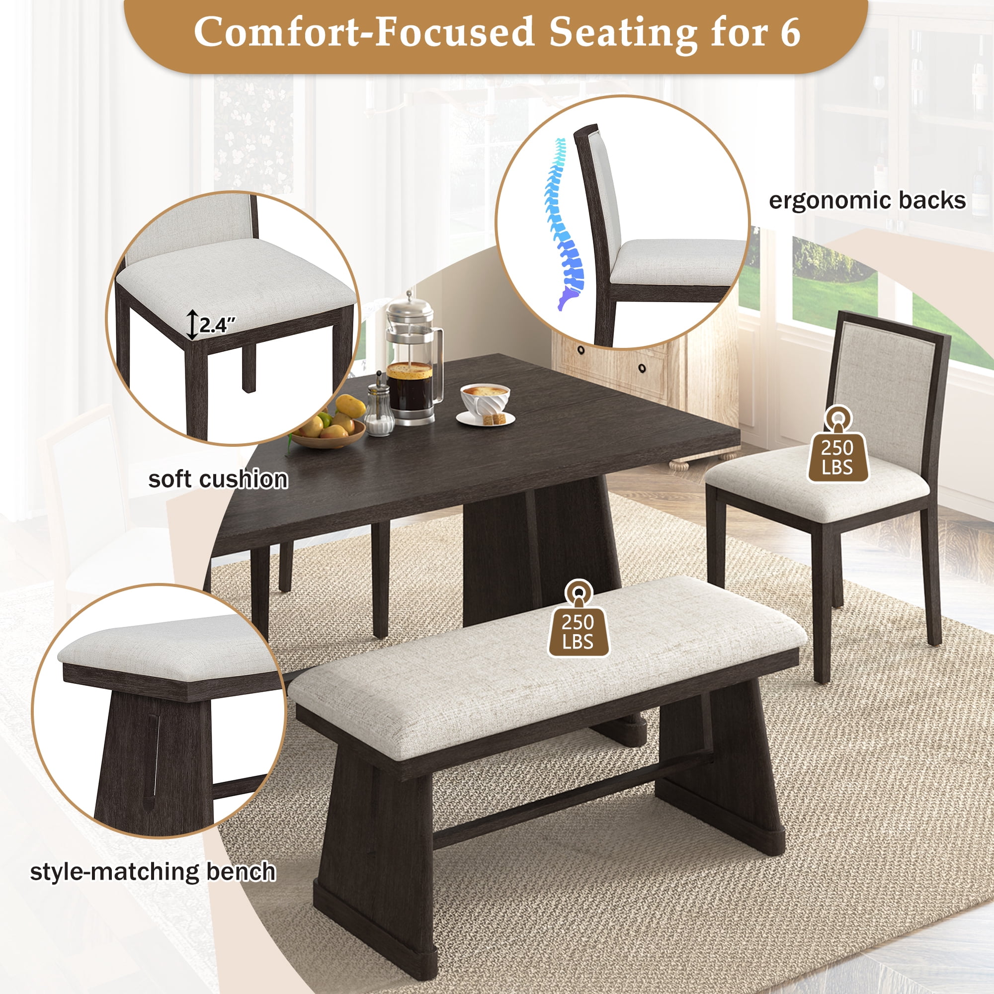 Euroco 6-Piece Farmhouse Dining Table Set for 6, 59.8" Rectangular Dining Table with 4 Upholstered Chairs & 1 Bench,Solid Wood Dining Furniture Set for Kitchen,Espresso