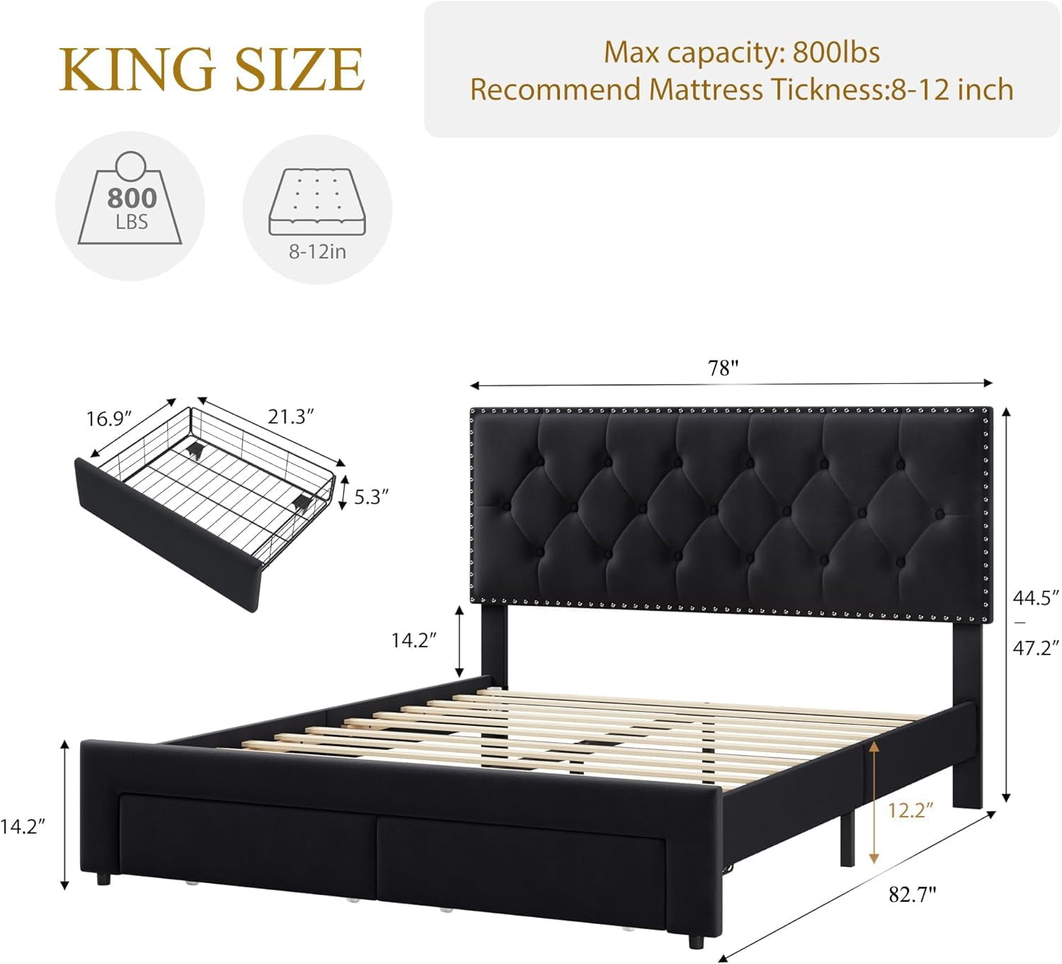 COZONY Vintage Velvet Upholstered Bed Frame - King Size with Tall Tufted, Adjustable-Height Headboard, 2 Storage Drawers, No Box Spring Required