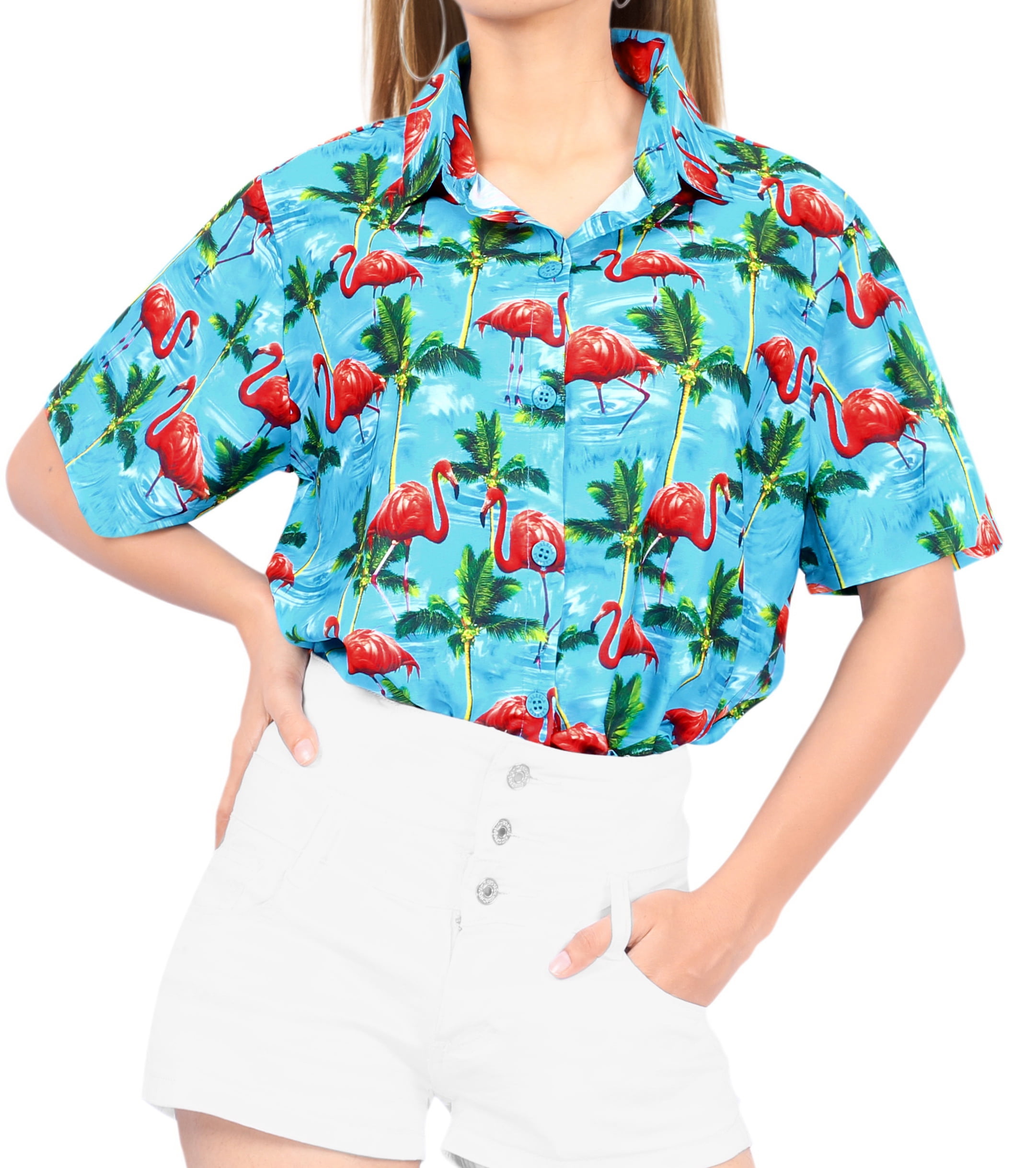 LA LEELA Womens Classic Swim Hawaiian Shirt Short Sleeves Button Up Embroidered 