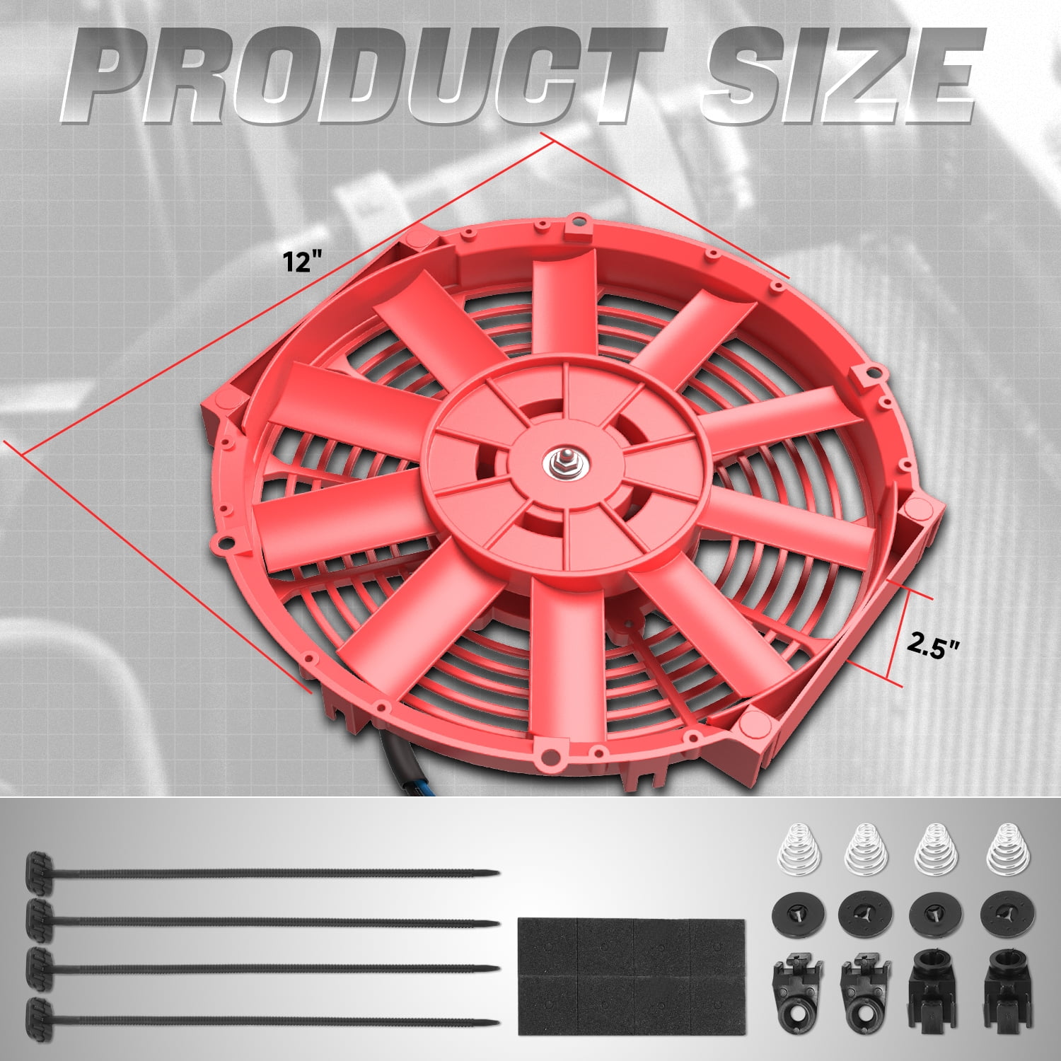 DNA Motoring 12 Inch Universal Slim Pull/Push Radiator Engine Bay Cooling Fan + Mounting Kit Red