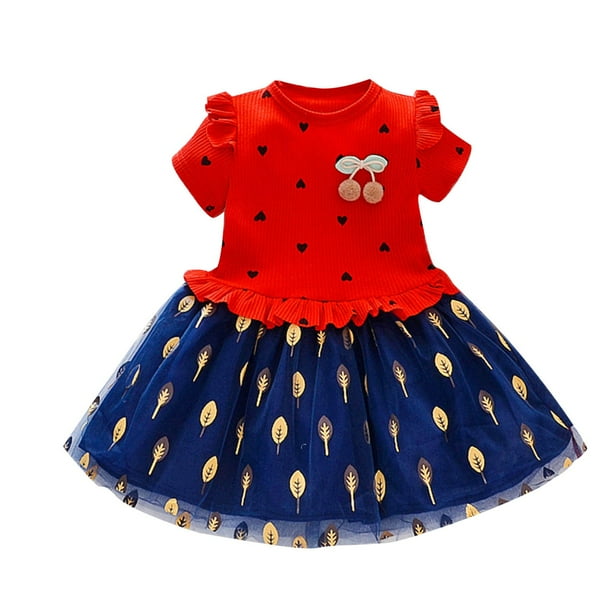 Odeerbi Niñas Verano Corazón Imprimir Tul Vestido de Punto de Algodón Vestido de Princesa Vestido de Manga Corta