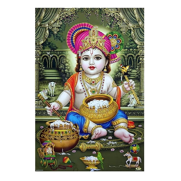 Bm Traders Bal Gopal Krishna Golden Zari Art Work Poster Without Frame (24 X 36 Inches)