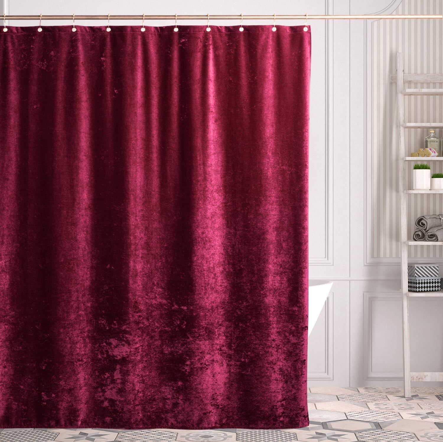 Burgundy Red Shower Curtain for Bathroom, Luxury Crushed Velvet Shower Curtain Red, Dark Shower Curtain Set with Gold Decro Metal Hooks, Machine Washable Thick Fabric, Burgundy, 72 x 72 inches