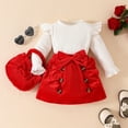 thumbnail image 2 of Otqutp Toddler Baby Girl Fall Outfits Long Sleeve T-shirt Top Bow Corduroy Suspender Skirt Overalls Toddler Girls Clothing Sets with Small Handbag (Red,12-18 Months), 2 of 9