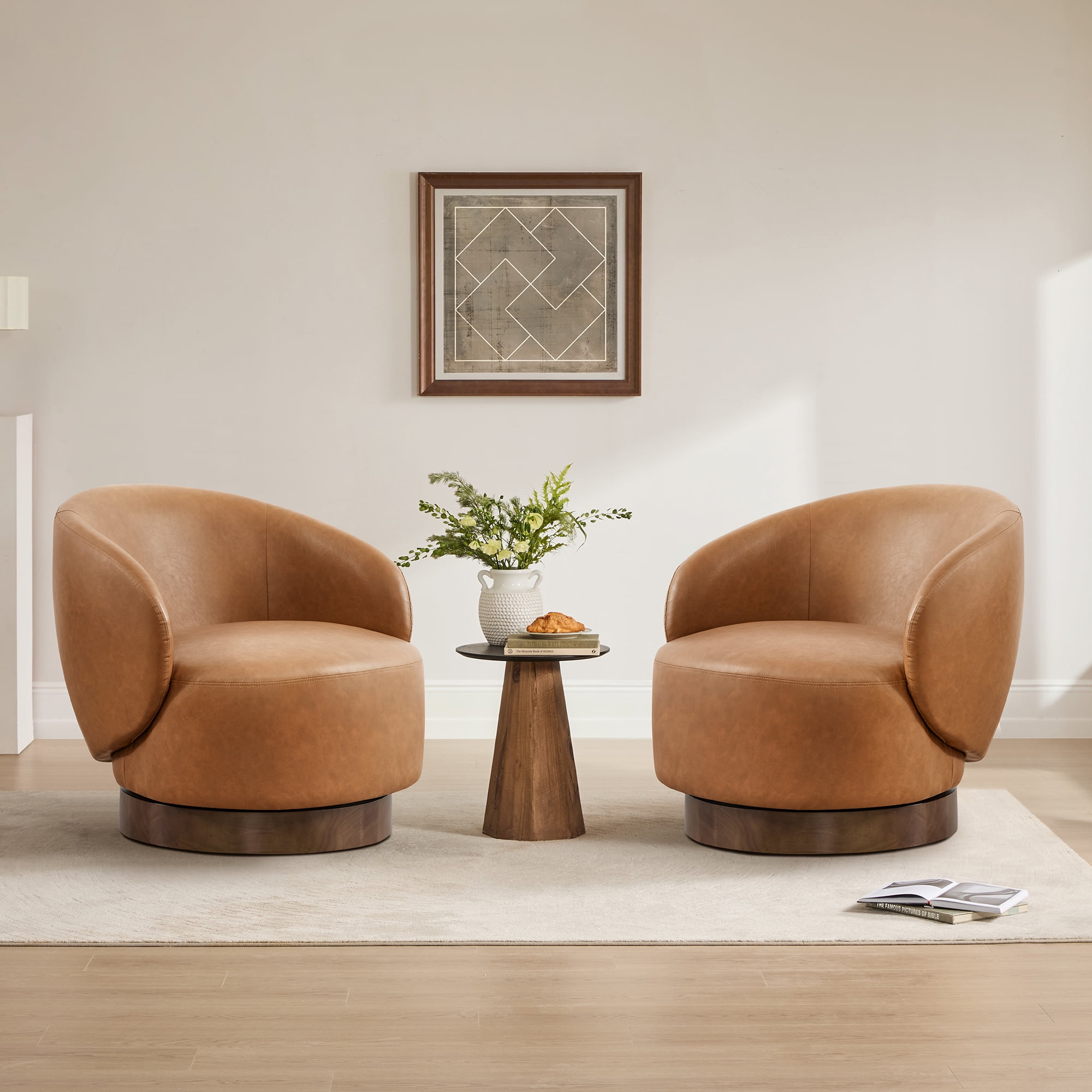 CHITA Modern Swivel Accent Chair, Round Upholstered Barrel Arm Chair with Wood Base for Living Room & Bedroom, Faux Leather, Saddle Brown
