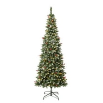 National Tree Company Pre-Lit Artificial Slim Christmas Tree, Green, Cullen Pine, Pine Cones, Red Berries, 300 Warm White LED Lights, Includes Stand, 7.5 Feet