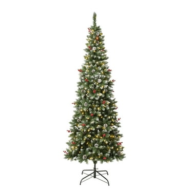 National Tree Company Pre-Lit Artificial Slim Christmas Tree, Green, Cullen Pine, Pine Cones, Red Berries, 300 Warm White LED Lights, Includes Stand, 7.5 Feet