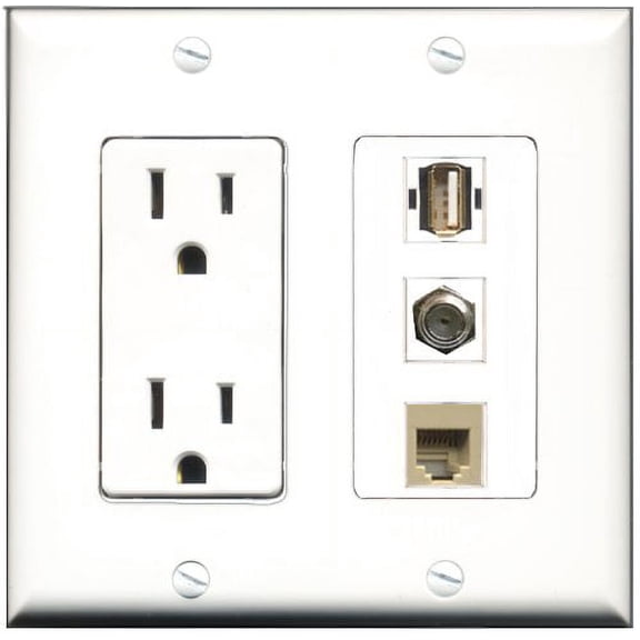 RiteAV - 15 Amp Power Outlet 1 Port Coax 1 Port USB A-A 1 Port Phone Beige Decorative Wall Plate