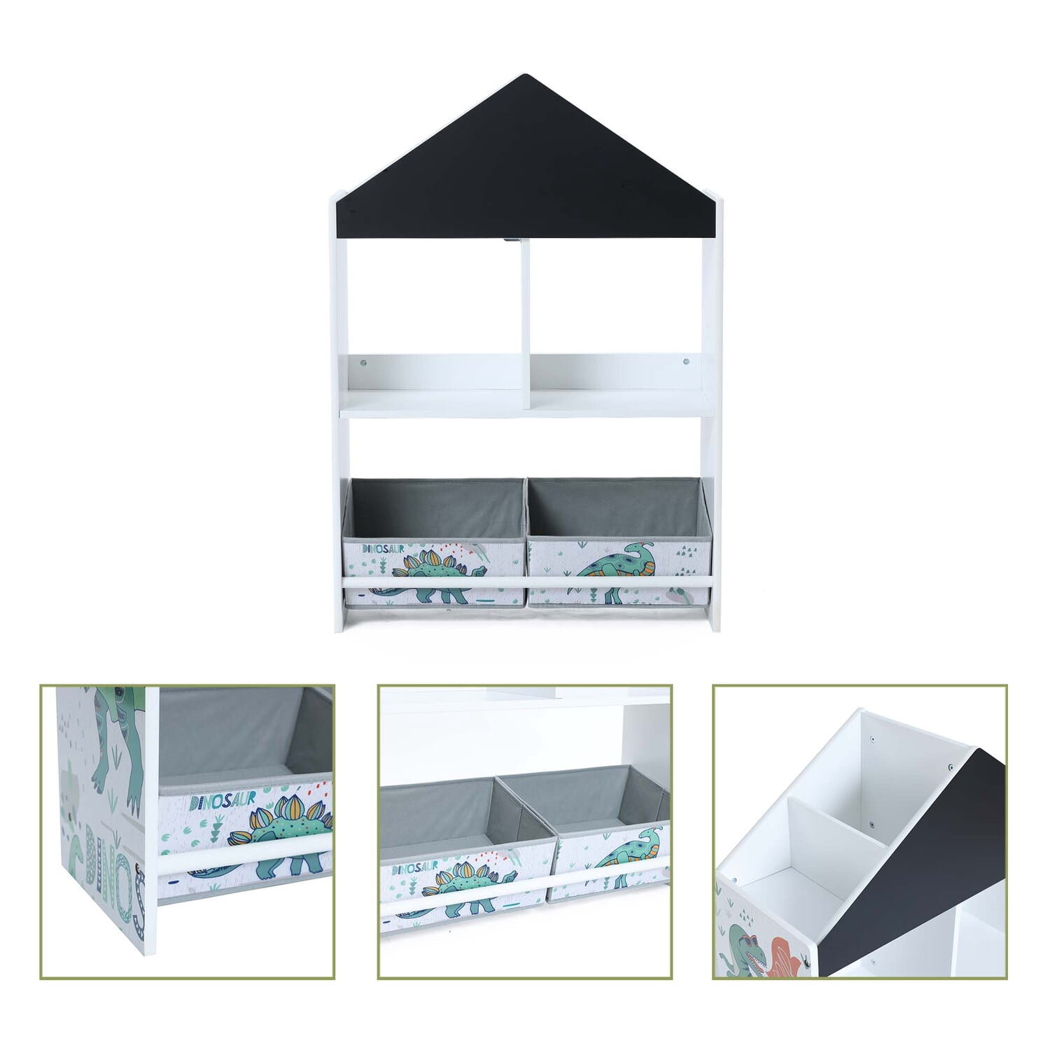 LuxenHome Children's Multi-Functional Dinosaur House Bookcase Toy Storage Bin Floor Cabinet with Blackboard