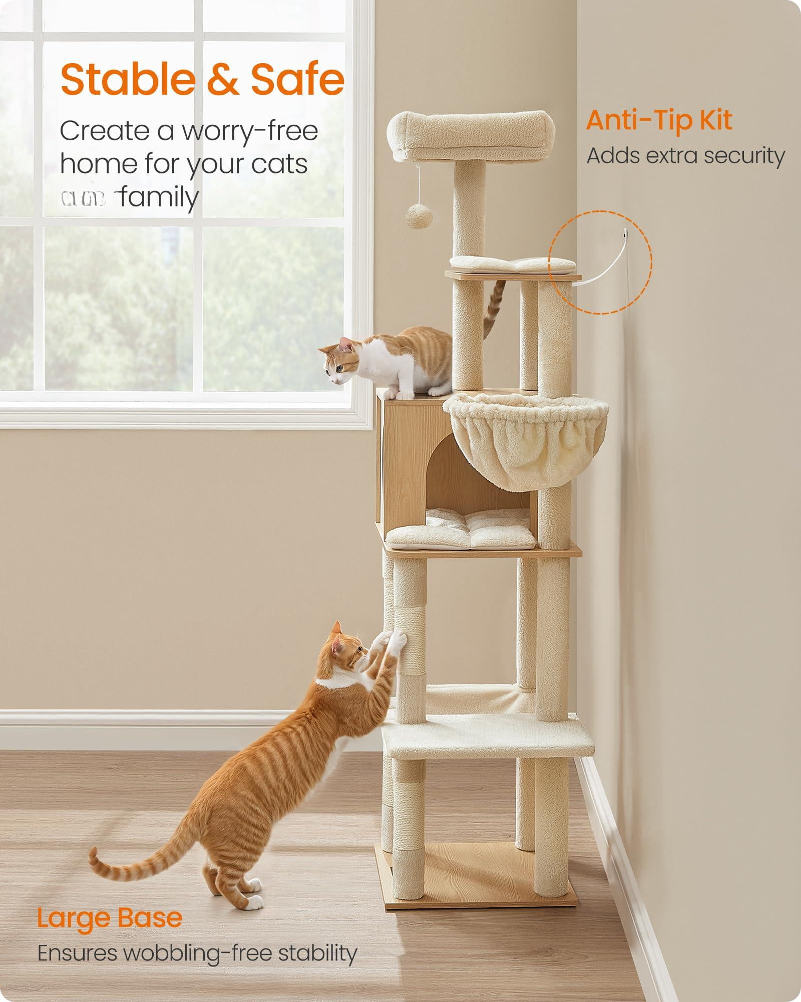 Cat Tree  65-inch Tall Tower Multi-level Condo With Cave Basket Hammock Pompom Posts Almond Yellow Upct118y01