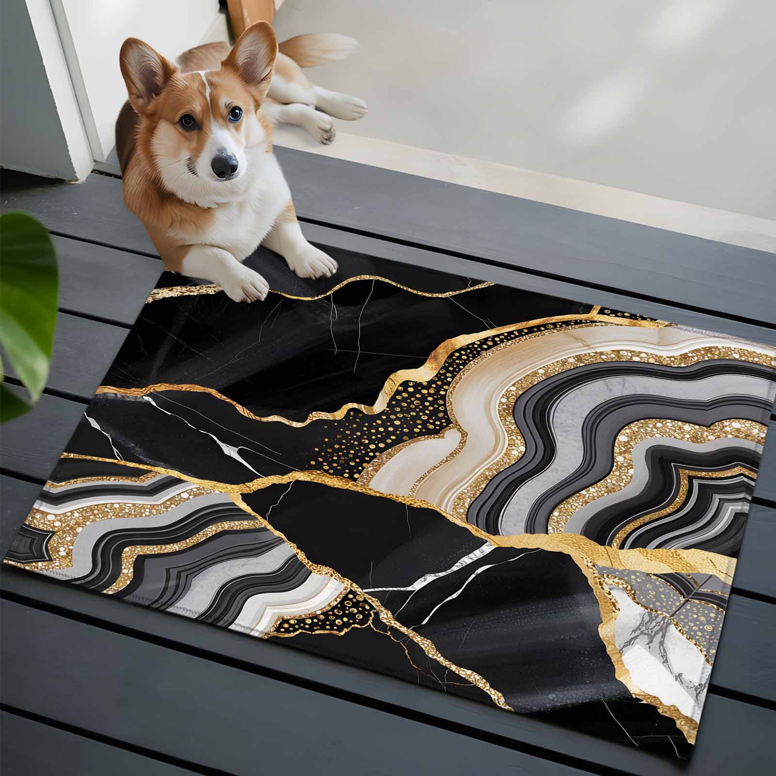 2x3 Ft Entryway Area Rug, Black Marble Kitchen Rug Runner Washable Floor Mat, Grey Gold Texture Vintage Farmhouse Art Non Slip Indoor Door Mat Throw Carpet for Bathroom Living Room Bedroom