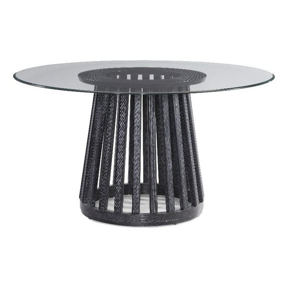 Maklaine Round Contemporary Glass and Wood Dining Table in Black
