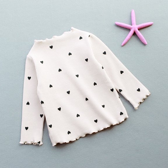Girls T Shirts Cozy Heart Print Pullover Crew Neck Long Sleeve Sweatshirt for Casual Wear Girls' Tops Tees Blouses Beige