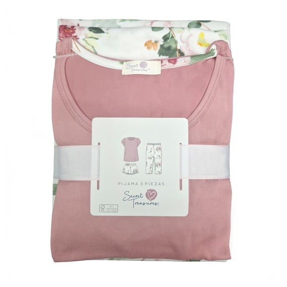 Pijama Secret Treasures para Dama Set Playera Manga Corta con Capri y Short Rosa Talla EG 3 Piezas