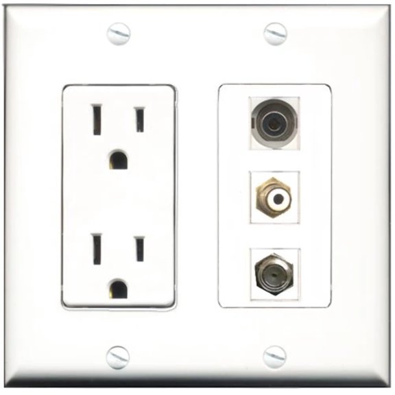 RiteAV - 15 Amp Power Outlet 1 Port RCA White 1 Port Coax 1 Port 3.5mm Decorative Wall Plate