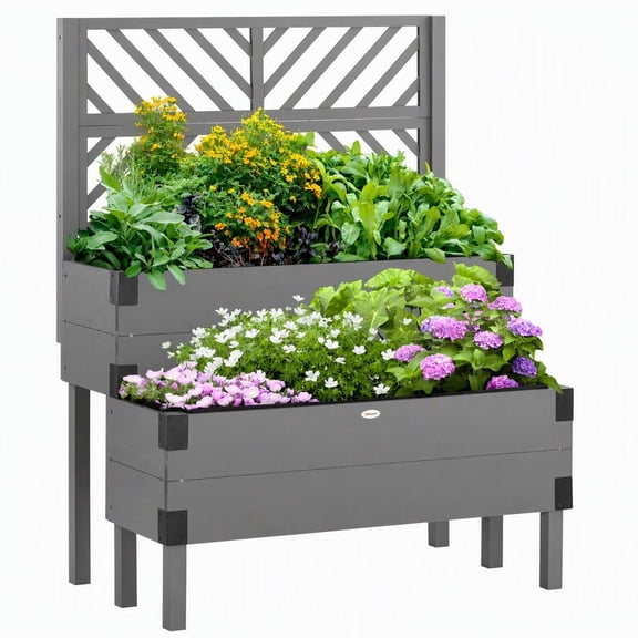 Outsunny Raised Garden Bed with Trellis, 2 Tier Wooden Elevated Planter Box with Legs, Metal Corners, Self-Draining for Vegetables Flowers Herbs, Gray