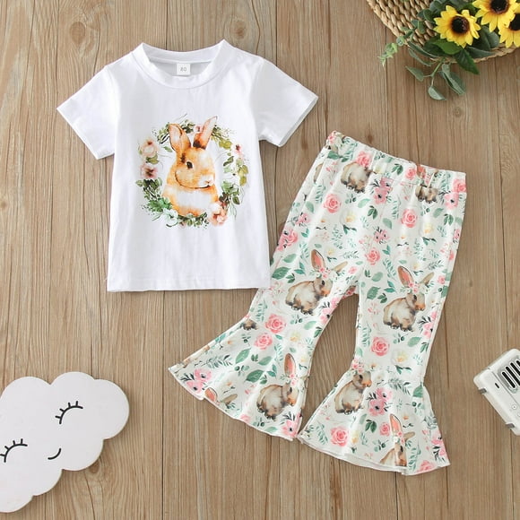 Hfolob Toddler Girl Clothes Outfits Short Sleeve Easter Rabbit Prints Tops T Shirt Bottoms Pants Cute 2 Piece Outfits 12-18 Months