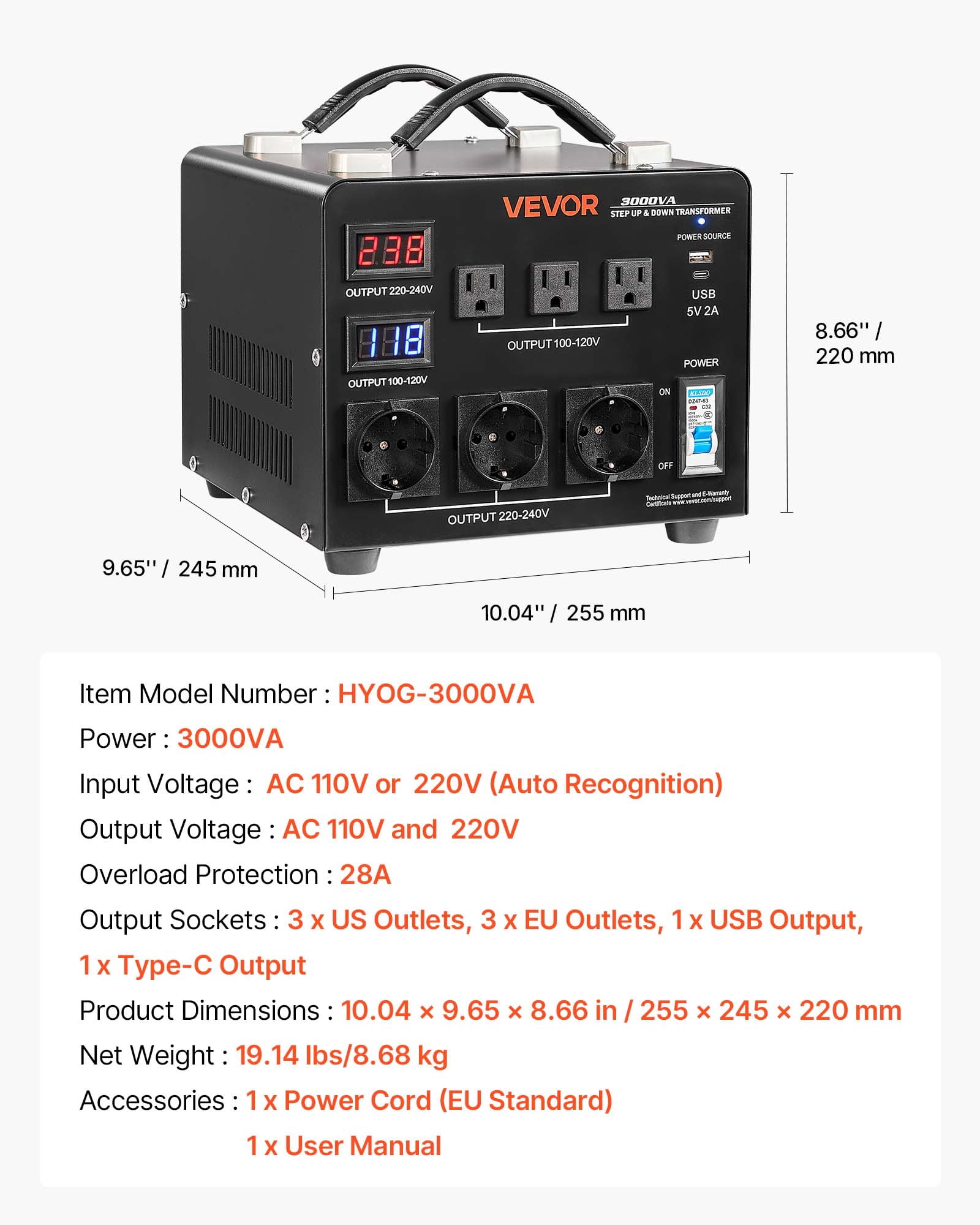 VEVOR Voltage Auto Converter Transformer, 3000W, Heavy Duty Step Up/Down Power Transformer, 110V to 220V and 220V to 110V, with 3 US Outlets, 3 EU Outlets, LCD Display, Circuit Breaker Protection