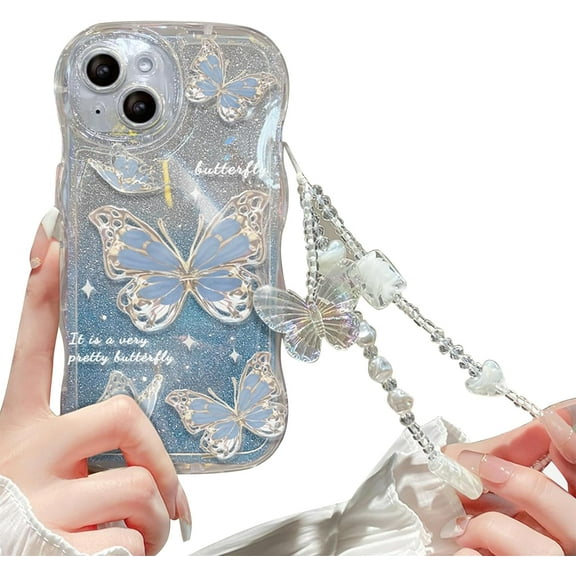 Compatible with iPhone 13 Case for Women/Girls, Cute Butterfly Glitter Bling with Bracelets Anti-Scratch Shockproof Case for iPhone 13, Blue with Bracelets