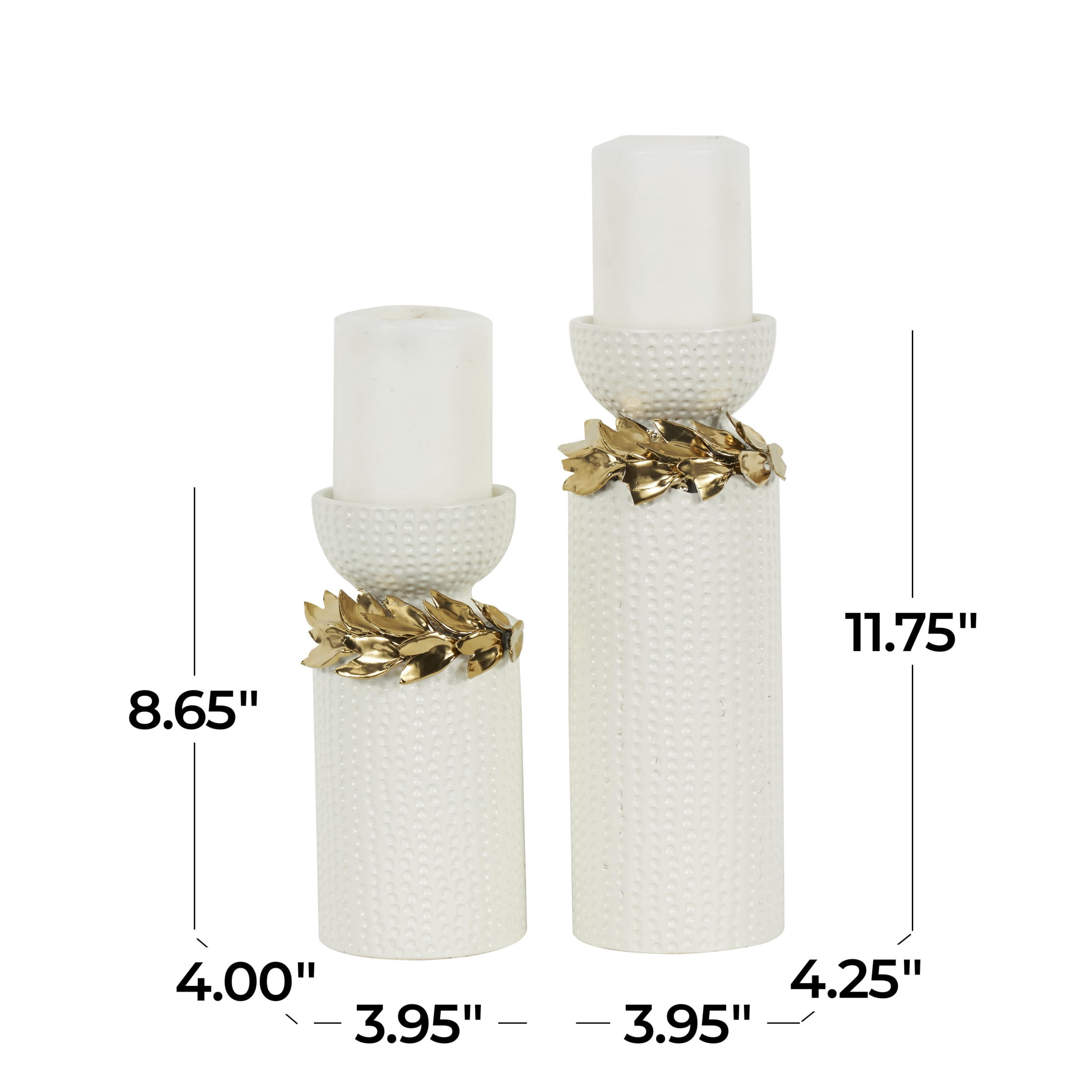 DecMode 2 Candle White Ceramic Leaf Candle Holder with Abstract Spotted Pattern and Gold Accents, Set of 2