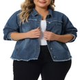 thumbnail image 1 of Unique Bargains Women‘s Plus Size Frayed Hem Long Sleeve Pockets Button Up Denim Jackets, 1 of 6