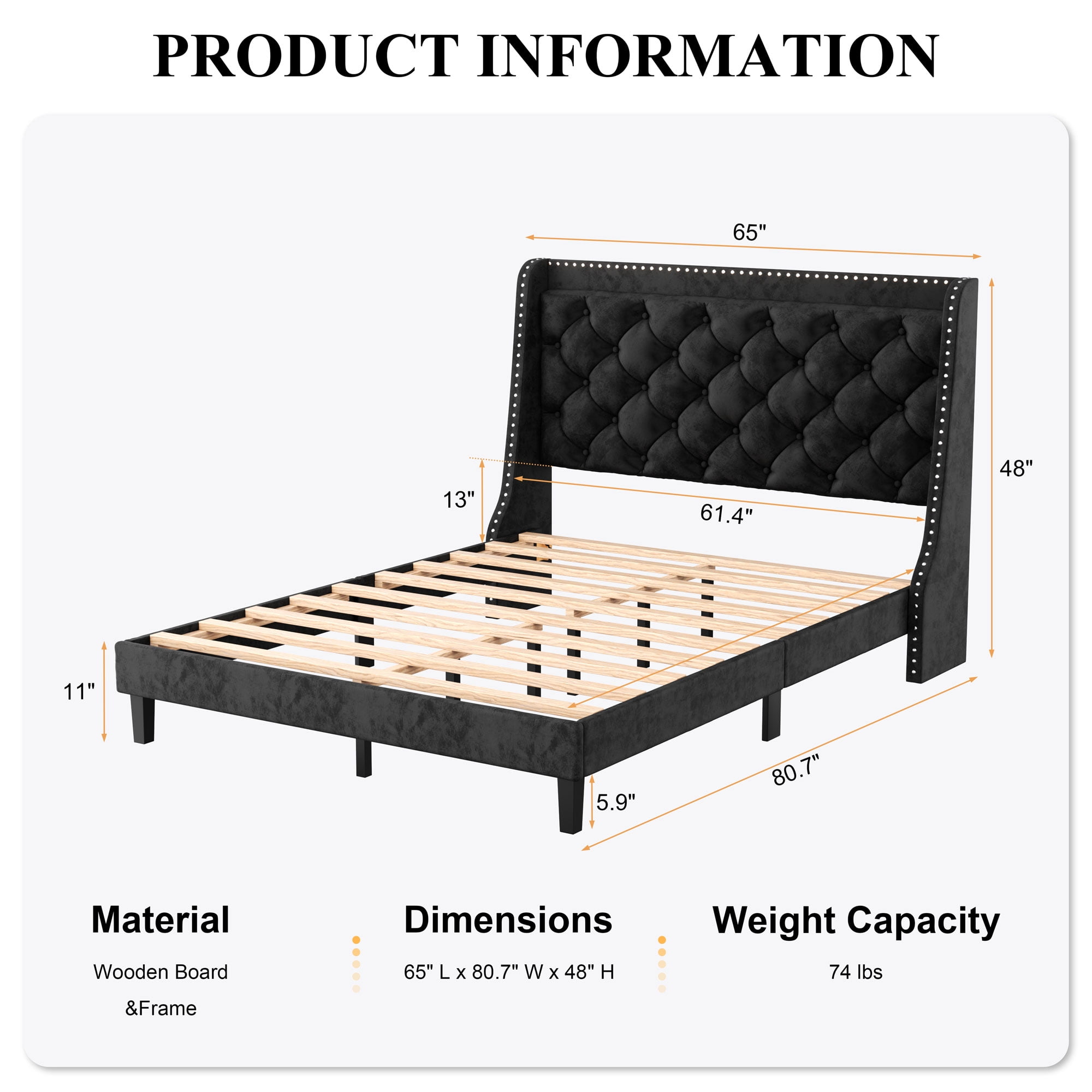 Walsunny Queen Bed Frame with Storage, Upholstered Platform Bed with Diamond Tufted Headboard and Wingbacks, Wooden Slats Support Easy Assembly, Velvet Black