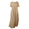 thumbnail image 6 of Horkkom Linen Dress Women Summer Short Sleeve Maxi Dress Casual Loose Flowy Pleated Dresses Crew Neck Solid Color Long Dresses L, 6 of 6