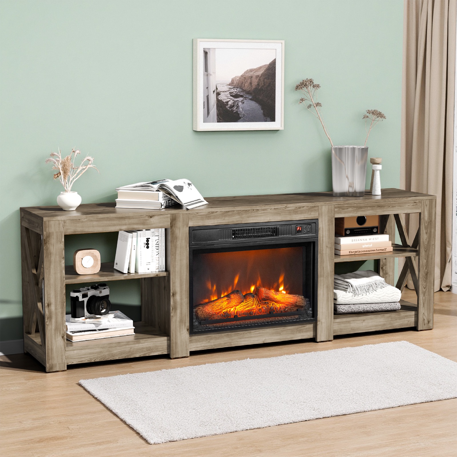 PAPROOS Fireplace TV Stand for 70 Inch TV, Farmhouse TV Stand with 24'' Electric Fireplace, Entertainment Center with Adjustable Shelves, TV Console Media Console Table for Living Room, Dark Gray