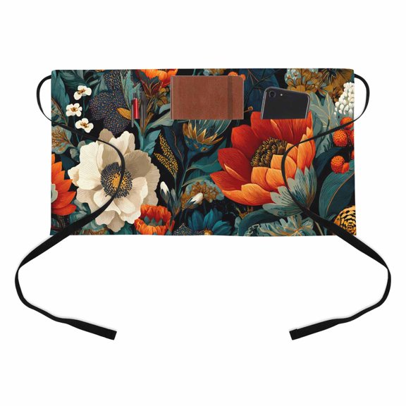 Boho Floral Kitchen Restaurant Half Waist Apron, Peony Foliage Botanical Elegant Luxury Server Short Apron with 3 Pockets Waterproof Oil Waist Aprons for Women Waitress Waiter