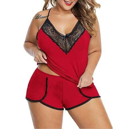 Hugossia Plus Size Women Lace Lingerie Cami Shorts Pajamas Underwear 2pcs Sleepwear Set