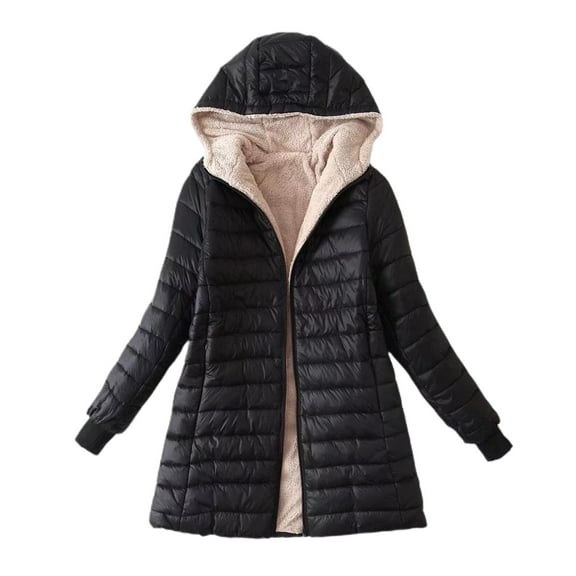 Defitshape Women's Thick Quilted Jacket Fleece Lined Soft Thermal Outerwear Long Sleeve Casual Spring Fall Hooded Zip Black Large