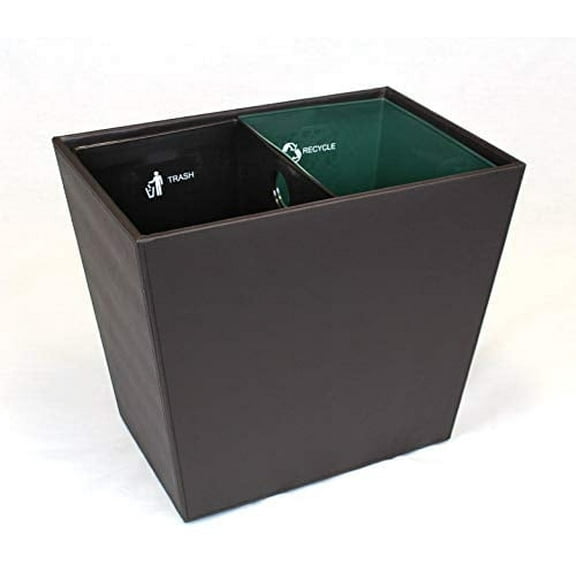 Leatherette Dual Chamber Waste bin with Brown and Green Color Coded Liners. Case of 1 Bin and 1 Set of Liners. 14.5" x 9.9" x12.5"