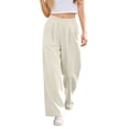 thumbnail image 3 of Women's Plus Size Linen Cotton Wide Leg Pants, High Waisted Pleated Draped Trousers, Breathable Loose Fit Casual Palazzo Pants for Resort and Vacation Beige L, 3 of 6