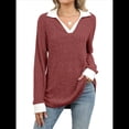 thumbnail image 2 of Suéteres de Cuello en V para Mujer, Jersey con Bloques de Color, Mangas Largas, Corte Holgado, Estilo Informal, Tipo Túnica, Camisetas. Rojo Óxido M, 2 of 10