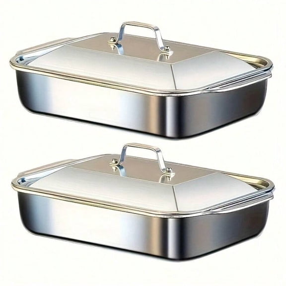 2PCS Stainless Steel Baking Pan with Lid, Rectangular Roasting Pan for Oven Cooking and Food Storage