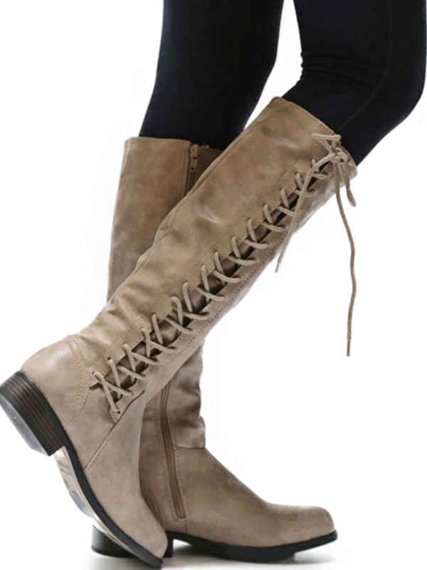 Details about  / Women Lace Up Knee High Rivet Long Boot Motorcycle Combat Pointy Toe Riding Shoe