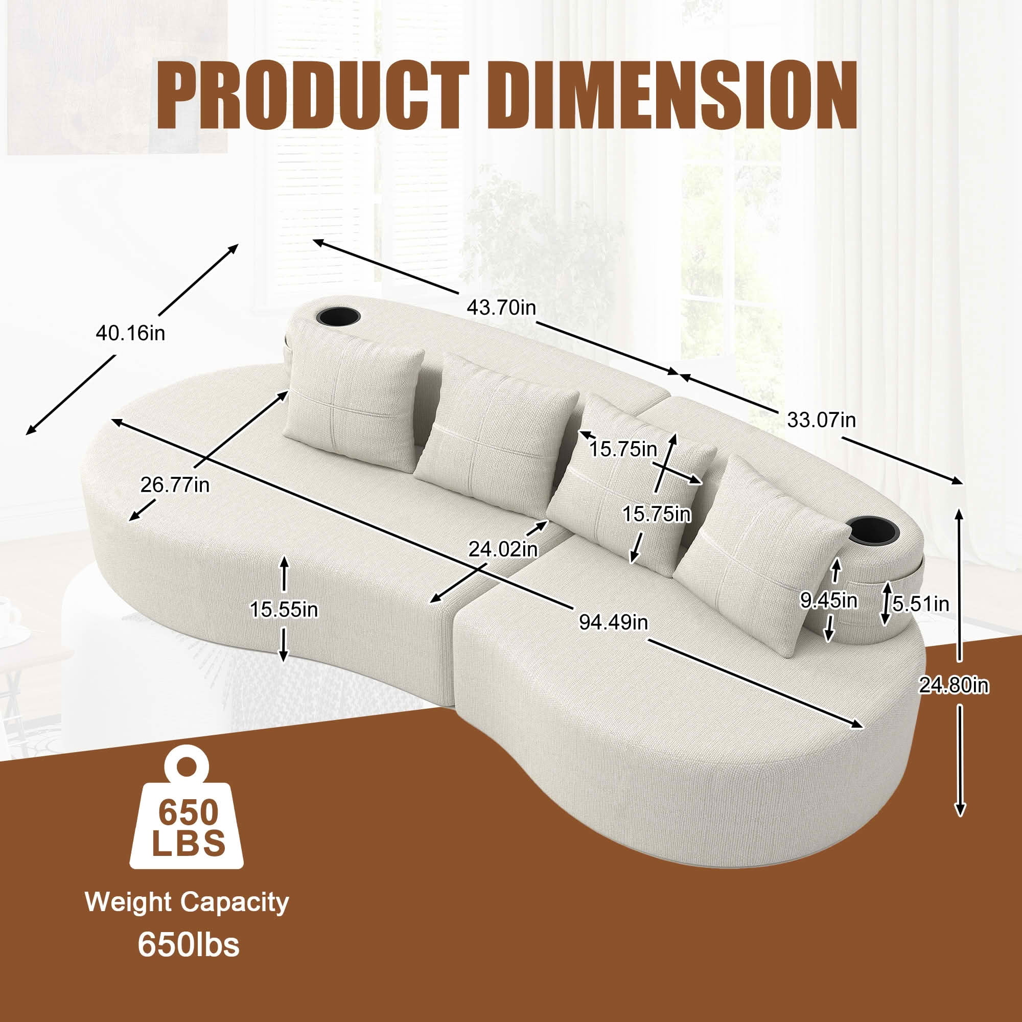 MAYEERTY Curved 3-Seat Modular Sectional Sofa, Minimalist Half Moon Chenille Couch for Living Room & Apartment